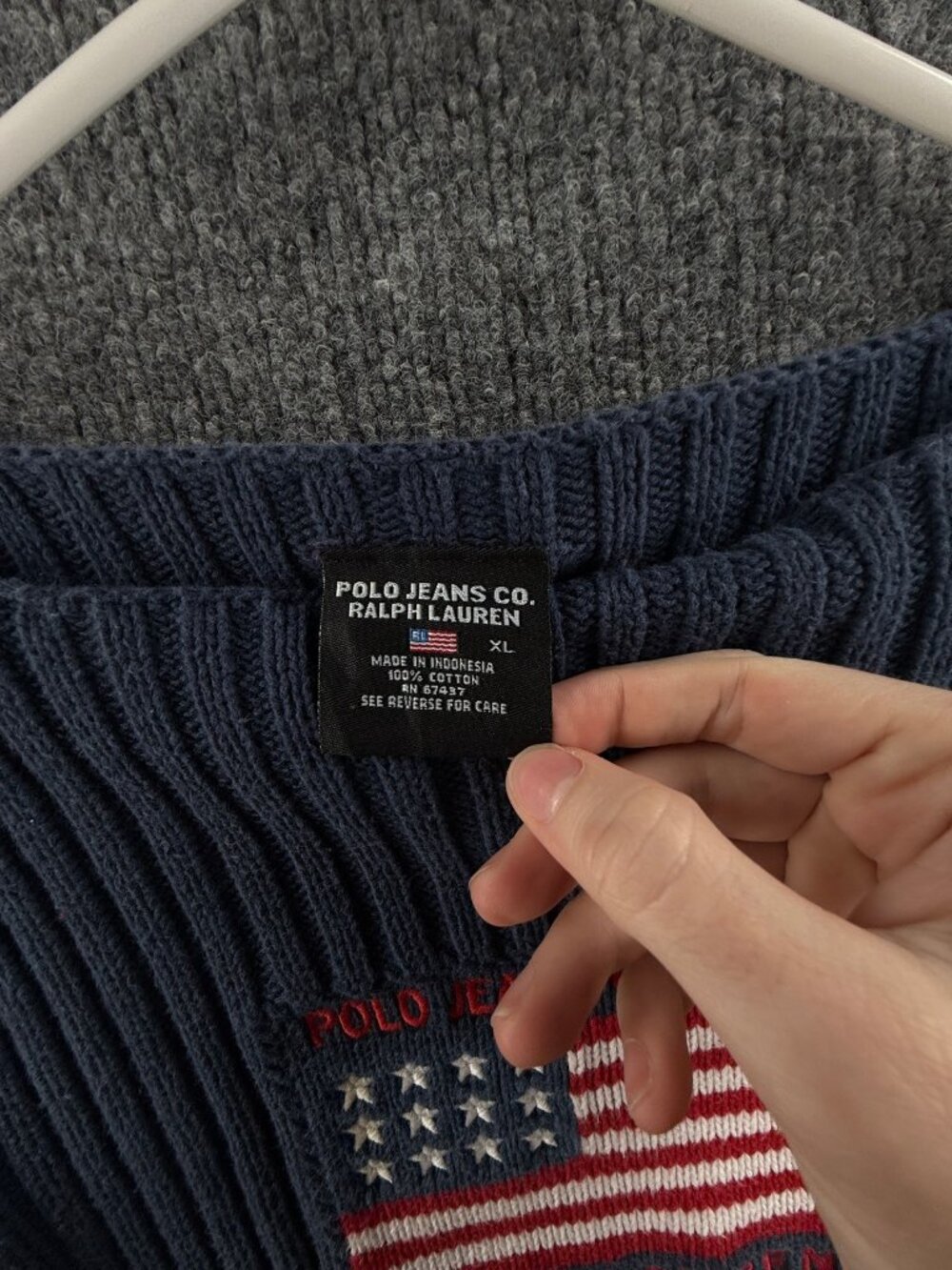 Ralph Lauren Boat Neck Ribbed USA Flag Polo Jeans Company Sweater Blue Logo XL - Picture 13 of 15